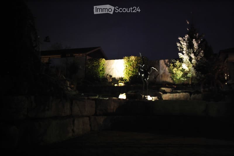 Nighttime garden with illuminated trees, stone wall, and decorative lighting.
