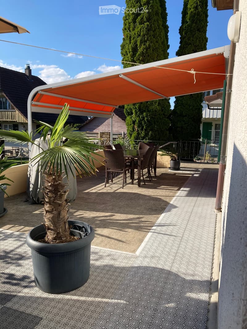 Balcony with a large retractable awning, a dining set including a table and chairs, and a potted palm tree.