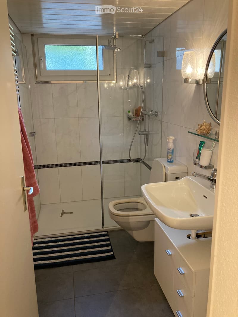 Modern bathroom with a toilet, sink, mirror, shower, and cabinet. Features a pink towel, a striped bath mat, and a window with blinds.