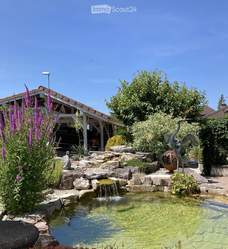 A serene garden with a small pond, stone waterfall, lush greenery, and decorative sculptures.
