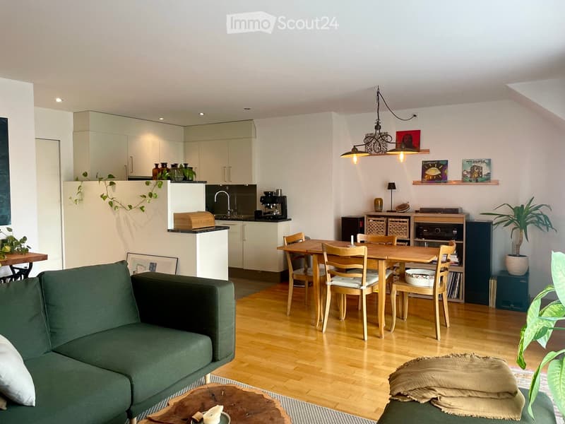 A modern, open-concept living and dining area with a green sofa, wooden dining table, kitchen area, and decorative plants.