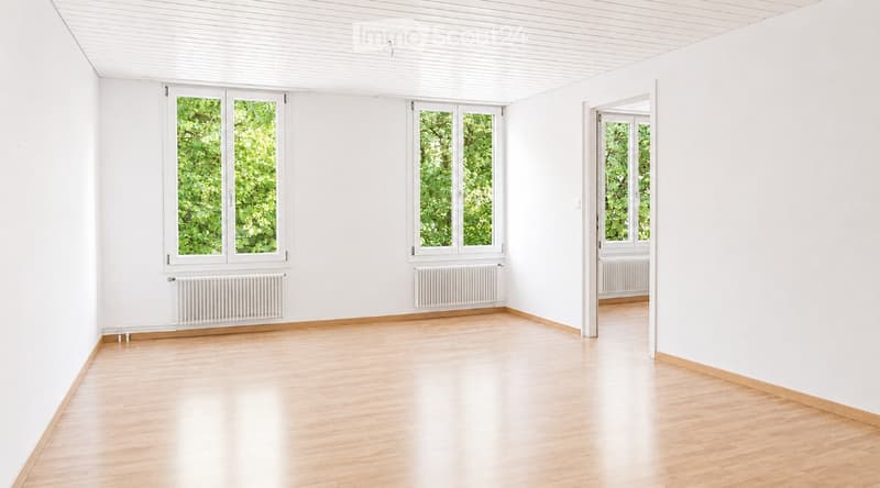 Empty room with white walls, wooden floor, large windows with green views, radiators, and a doorway leading to another space.