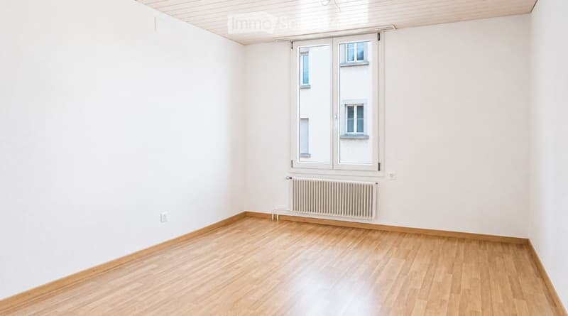 Empty room with light wooden flooring, white walls, and a window with white frames. A radiator is placed below the window.