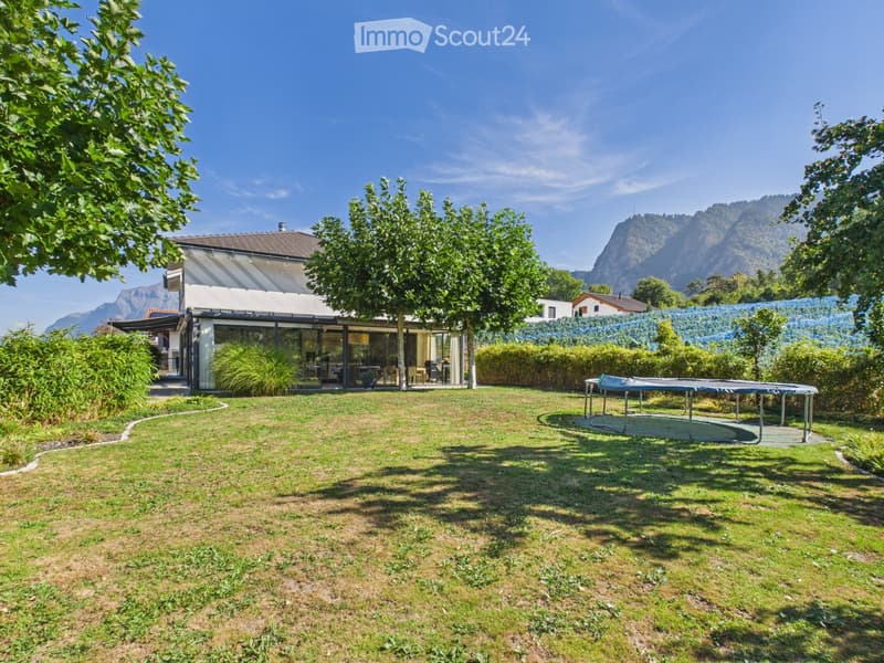 Lush garden with a trampoline, a modern house with large windows, and a scenic mountain view in the background.