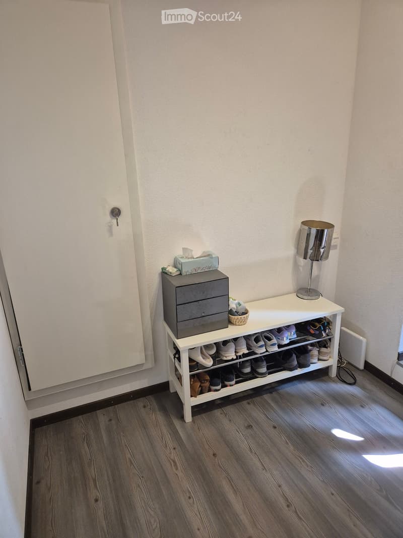 A hallway with a white shoe rack holding multiple pairs of shoes, a small table with a lamp, a tissue box, and a drawer unit.