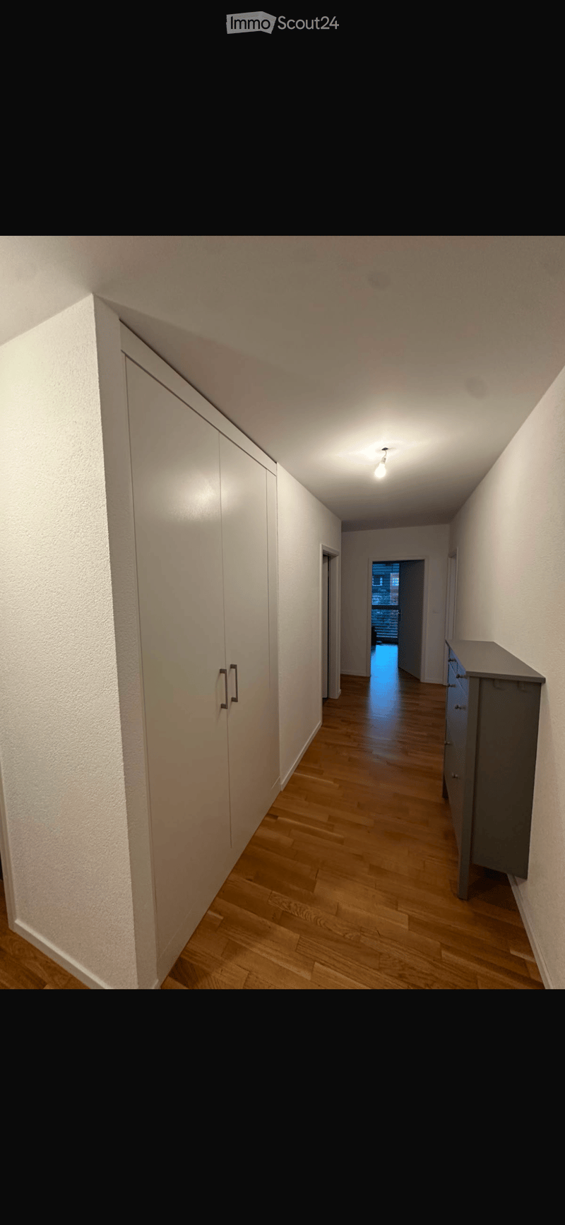 A narrow hallway with light wooden flooring, white walls, built-in white cabinets on one side, and a small grey cabinet on the right. The hallway leads to an open doorway with a view of a balcony or outdoor area.