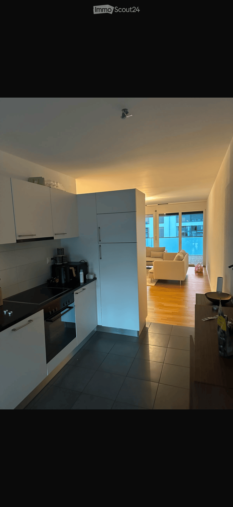 Modern kitchen with white cabinets, stainless steel appliances, and a living area with a sofa and a table visible through an open doorway.