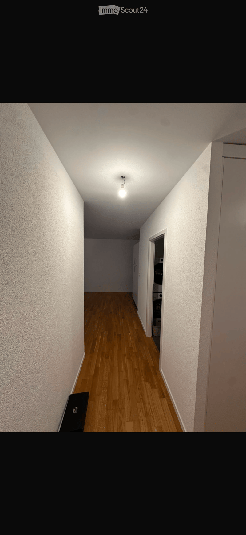 A narrow hallway with wooden flooring, white walls, and a single ceiling light fixture. A small black mat is placed on the left side, and a partially visible door leads to another room on the right.