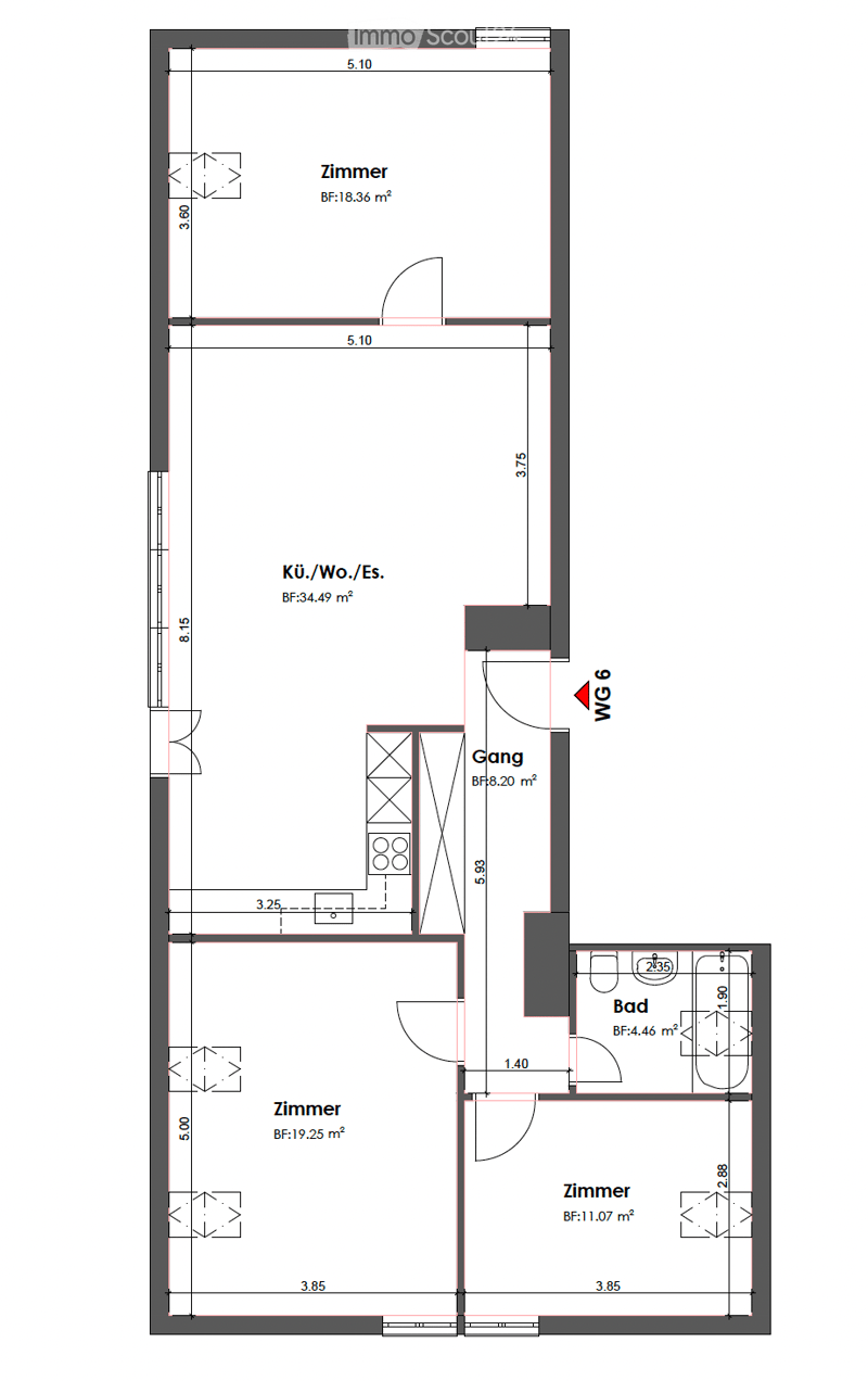 Floor plan of a residential unit with four rooms, including a kitchen/dining/living area, hallway, and bathroom.
