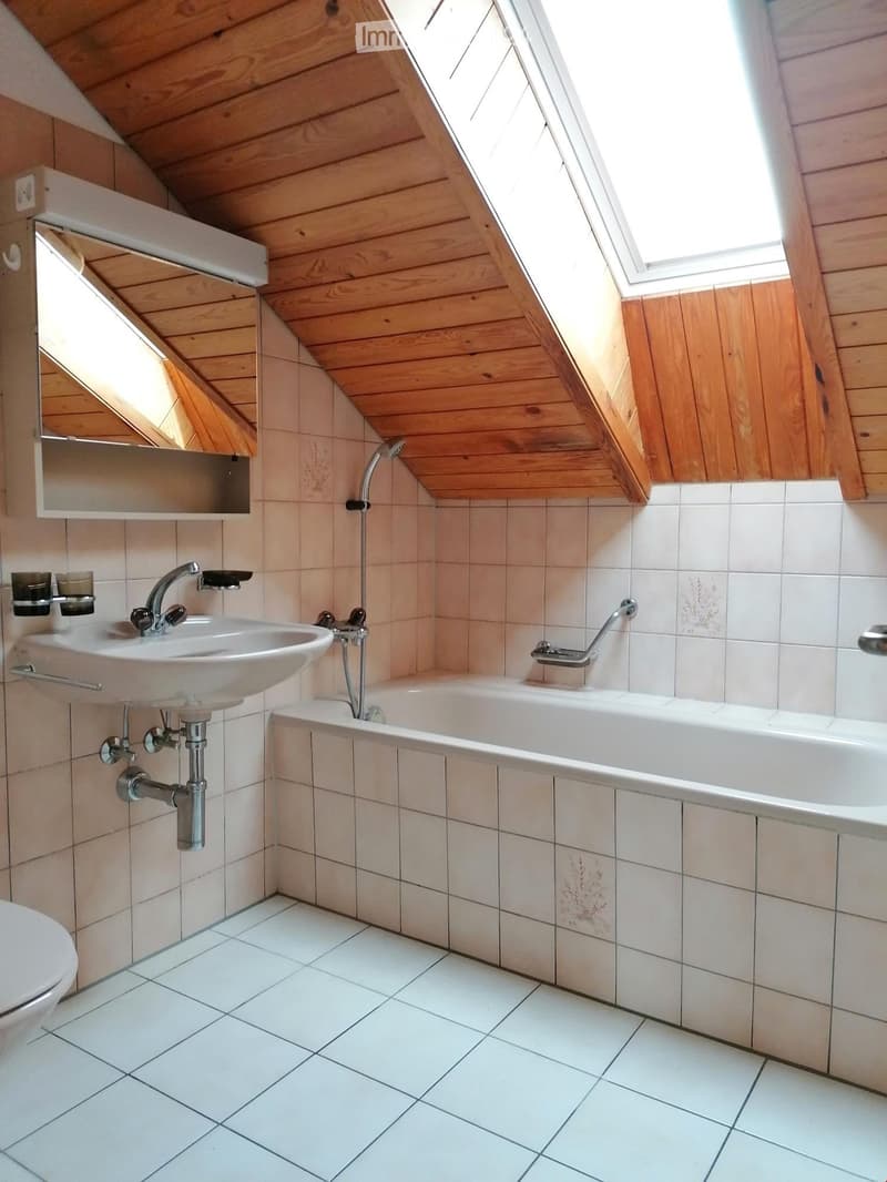 Bathroom with white tiled walls and floor, a sink with a faucet, a bathtub with a handheld shower, a toilet, and a mirror above the sink. The ceiling is wooden with skylights.