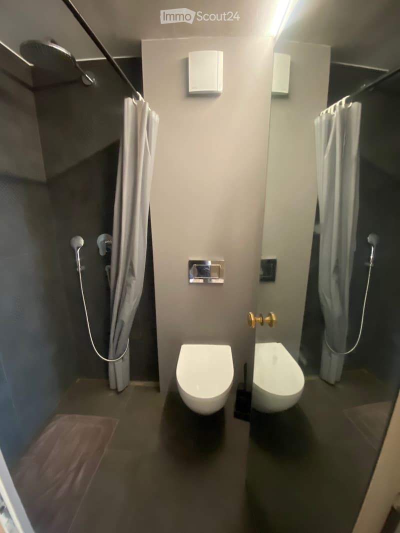 Modern bathroom with two toilets, separate shower areas, and sleek fixtures.