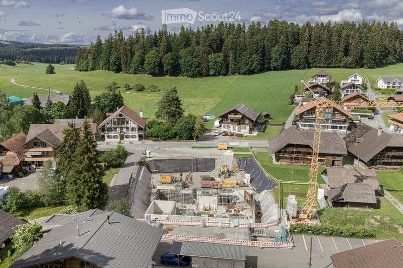 Aerial view of a rural village with traditional houses, a construction site, and surrounding green fields and forests.
