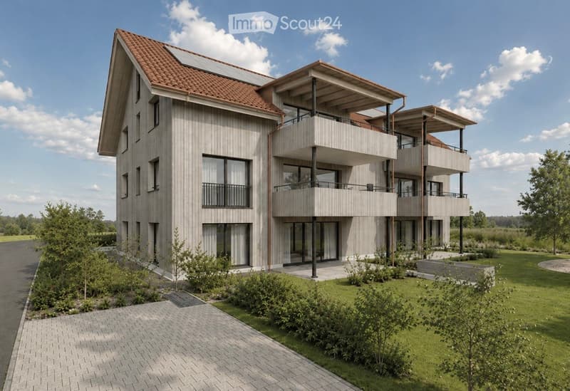 Modern two-story house with wooden siding, red-tiled roof, multiple balconies, and solar panels on the roof.