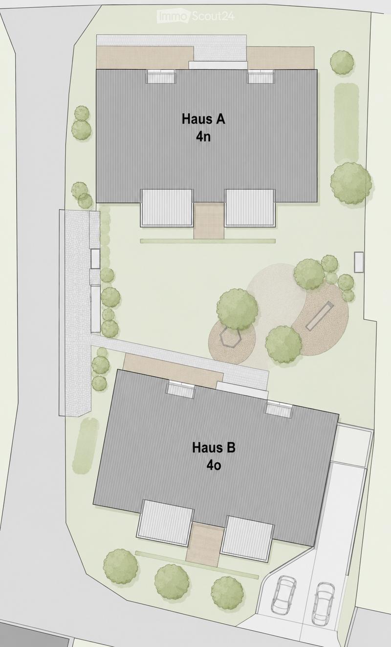 Floor plan of two houses labeled Haus A (4n) and Haus B (4o) with surrounding greenery and parking spaces.