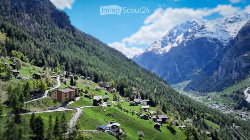 A miniature model of a village nestled in a lush green valley surrounded by towering mountains. The village features small houses, winding roads, and a serene landscape.