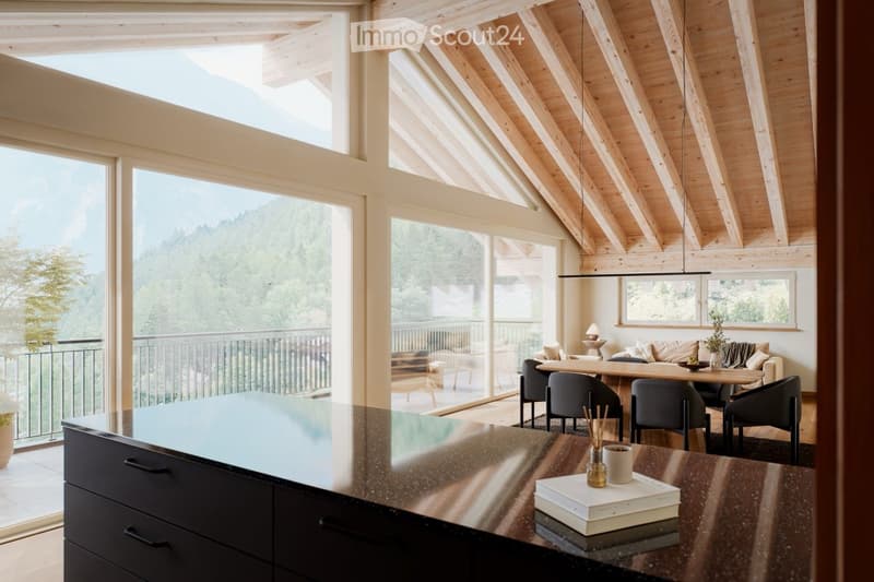 Open-concept living and dining area with exposed wooden beams, large windows offering a scenic view, a modern kitchen island, a dining table with chairs, and a cozy seating area with a sofa.
