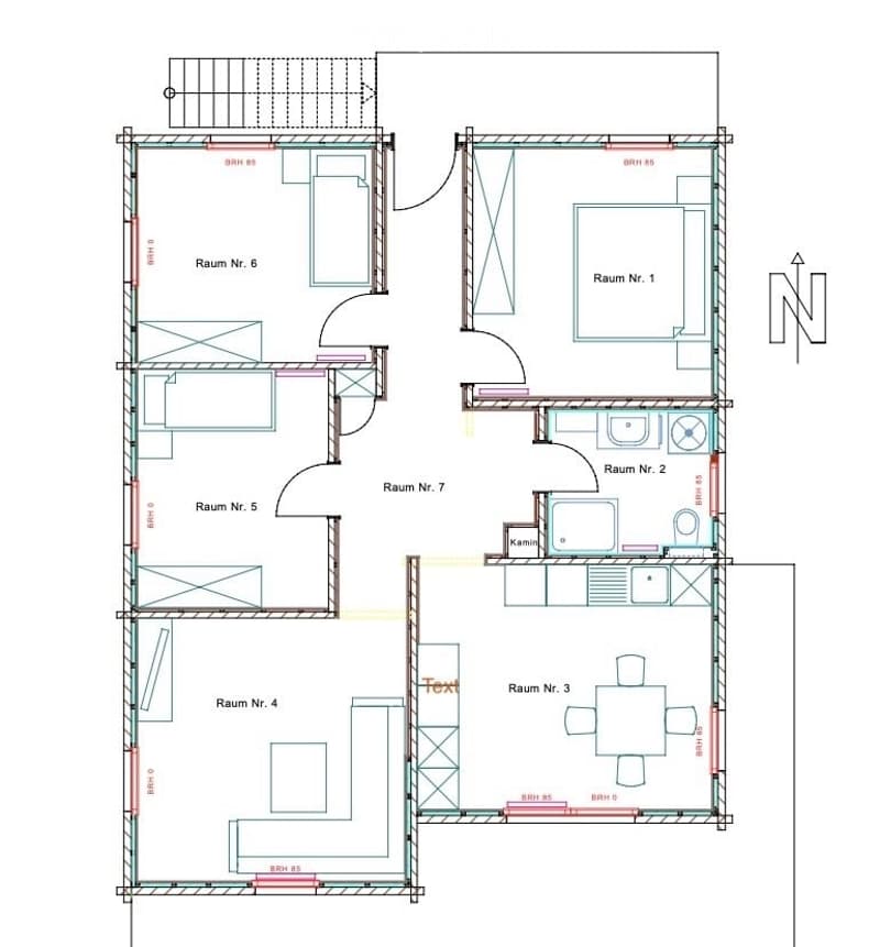 Floor plan showing seven rooms including a kitchen, bathroom, and living area with labeled dimensions and room numbers.