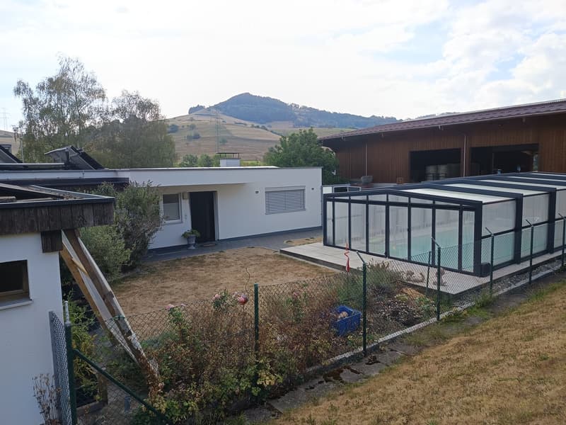 Modern house with a swimming pool in a glass enclosure, surrounded by a fenced garden area with some plants and a small yard.