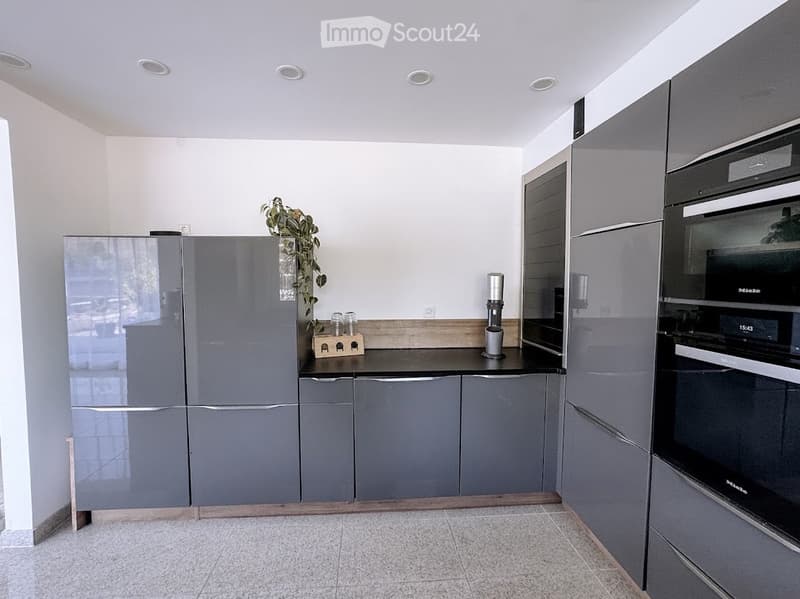 Modern kitchen with grey cabinets, stainless steel appliances, and a black countertop. Features include a refrigerator, oven, coffee maker, and a small plant on the counter.