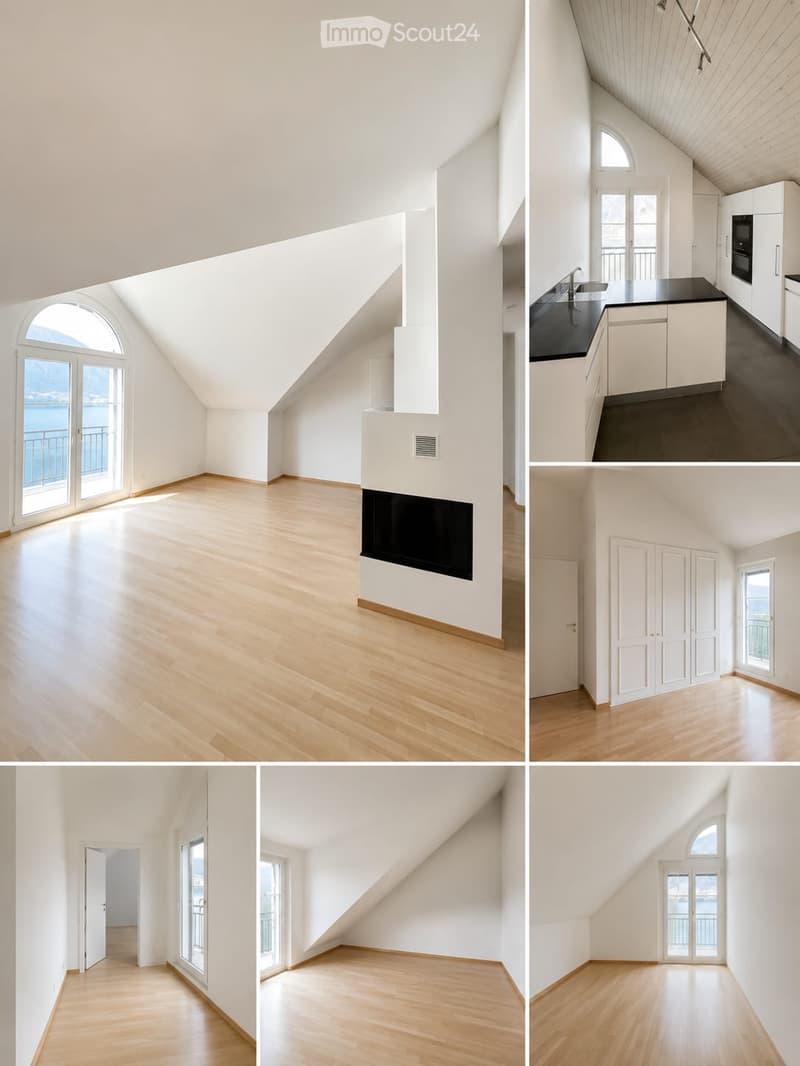 A series of unfurnished rooms with light wooden flooring, white walls, and large windows offering a view of the water. The rooms include a living space, a kitchen area, and additional rooms with sloped ceilings.