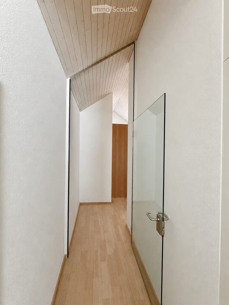 A modern, minimalist hallway with light wooden flooring, white walls, and a sleek glass door with a metallic handle. The ceiling features a clean, geometric design with wooden paneling.
