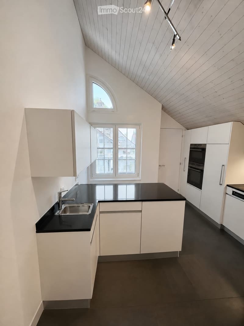Modern kitchen with white cabinets, black countertops, stainless steel sink, and built-in appliances including an oven and dishwasher.