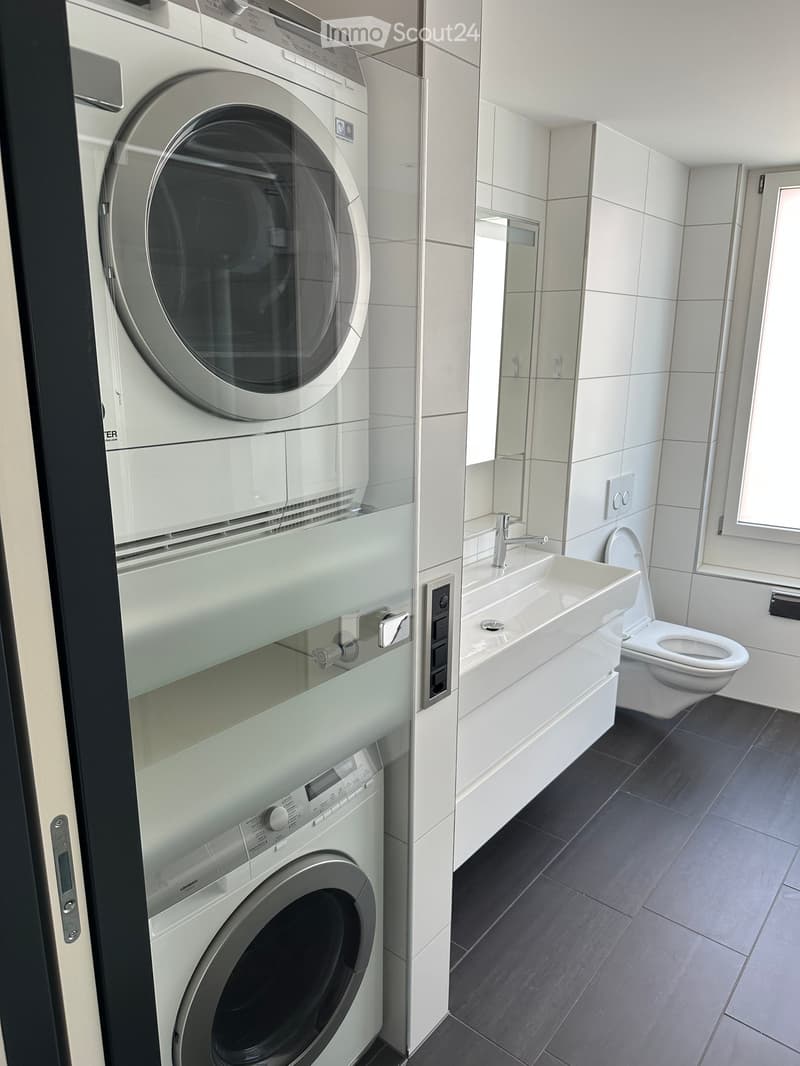 Modern bathroom with a white sink, chrome faucet, toilet, and stacked washing machine and dryer unit.