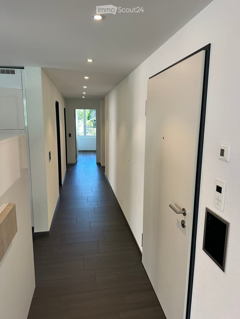 Modern hallway with dark wooden flooring, white walls, recessed lighting, and a closed door on the right side.