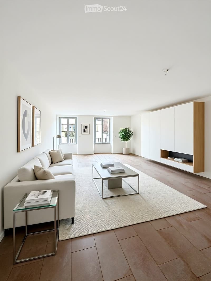 Modern living room with white walls, wooden floor, white sofa, glass coffee table, side table, books, potted plant, and built-in cabinet.