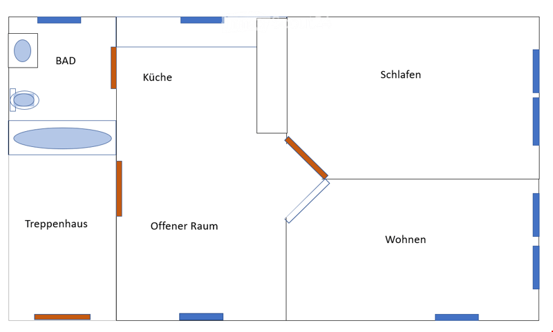 Floor plan showing a bathroom, kitchen, open space, living area, bedroom, and staircase.