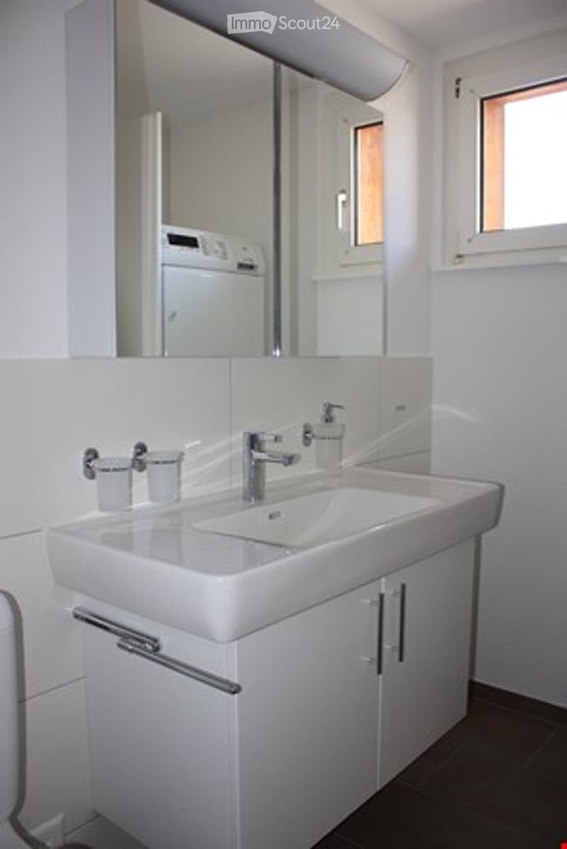 Modern bathroom with a white sink, chrome faucet, mirror, and cabinet. A cup is placed on the sink counter.