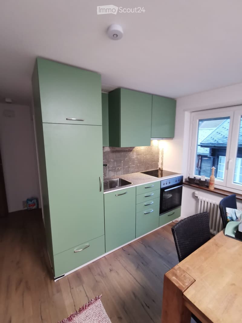 Modern kitchen with green cabinets, stainless steel appliances, wooden flooring, and a small dining area with a table and chairs.