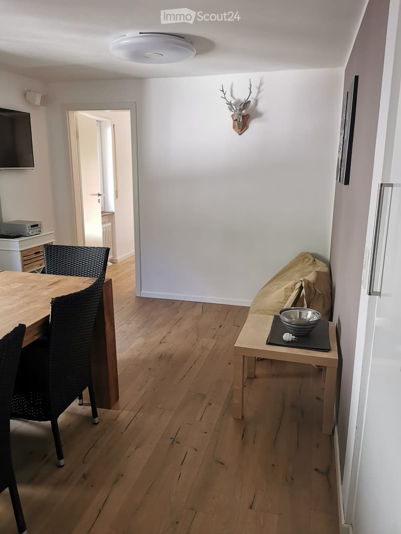 Dining area with wooden floor, table, chairs, small stool with bowl, deer head on wall, and open doorway leading to another room.