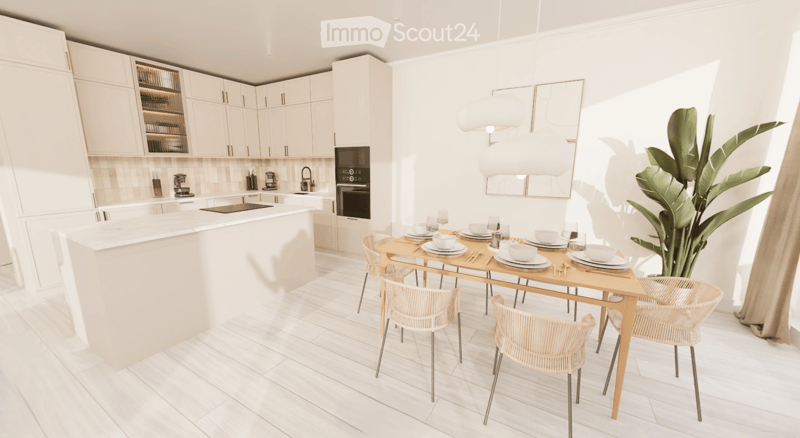 Modern kitchen with white cabinetry, a central island, and a dining area with a wooden table and wicker chairs. Appliances include a stove, oven, and coffee maker. A large leafy plant adds a touch of greenery.