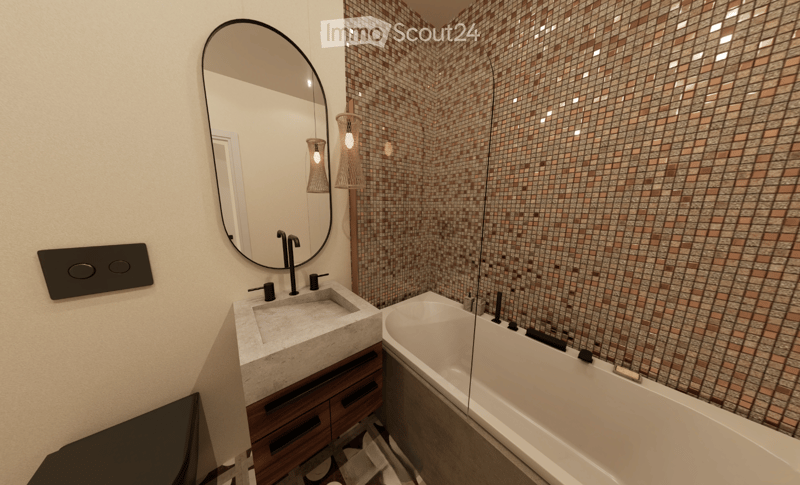 Modern bathroom with a large oval mirror, a marble sink, a bathtub, and mosaic tile walls.