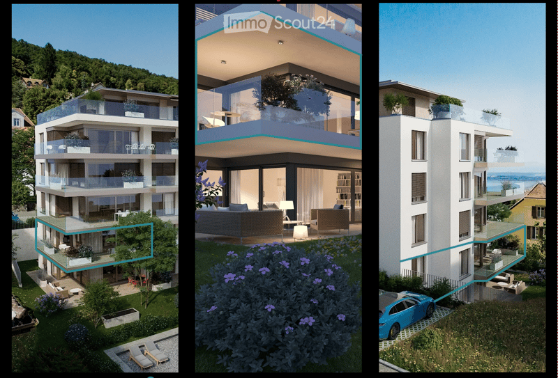Three modern apartment buildings with balconies, large windows, and rooftop terraces, surrounded by greenery and a scenic view.
