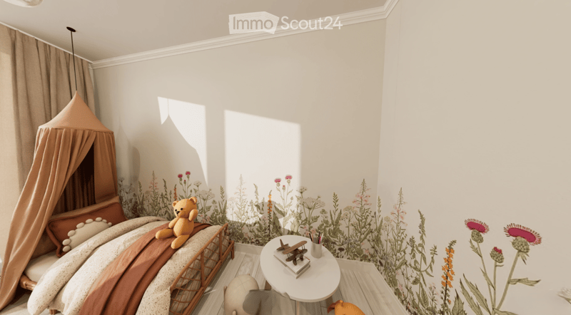 A cozy children's bedroom with a round bed, a small table with a toy airplane, a teddy bear, and a curtained play area.