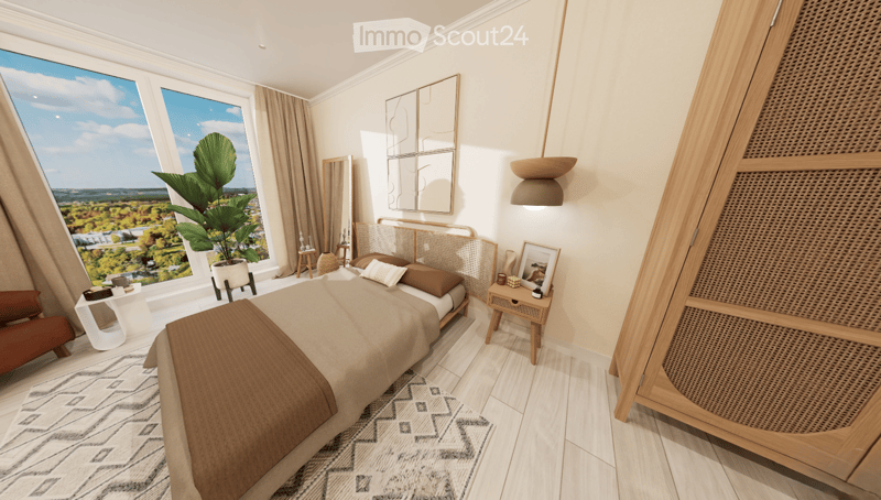 Modern bedroom with large windows offering a scenic view, a wooden bed with a woven headboard, nightstands, a chair, a potted plant, and a mirror on the wall.