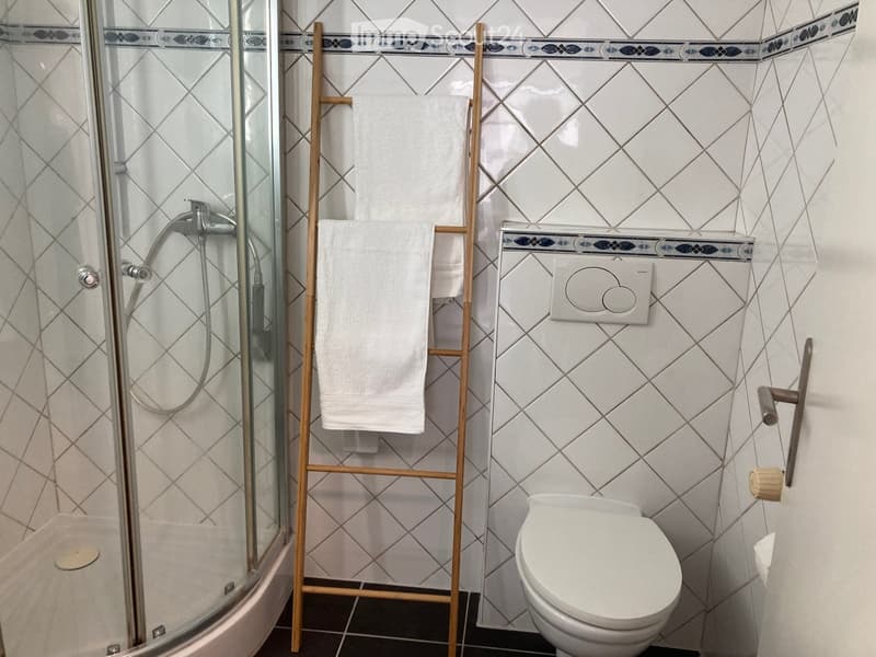 Modern bathroom with white tiled walls, a glass-enclosed shower, a toilet, and a wooden towel rack holding white towels.