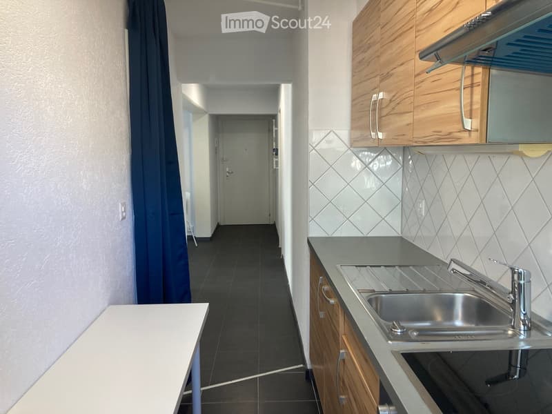 A narrow hallway with a dark tiled floor, white walls, and a blue curtain on the left side. The hallway leads to a door at the end and has a small white table on the left side. To the right, there is a kitchen area with wooden cabinets, a stainless steel