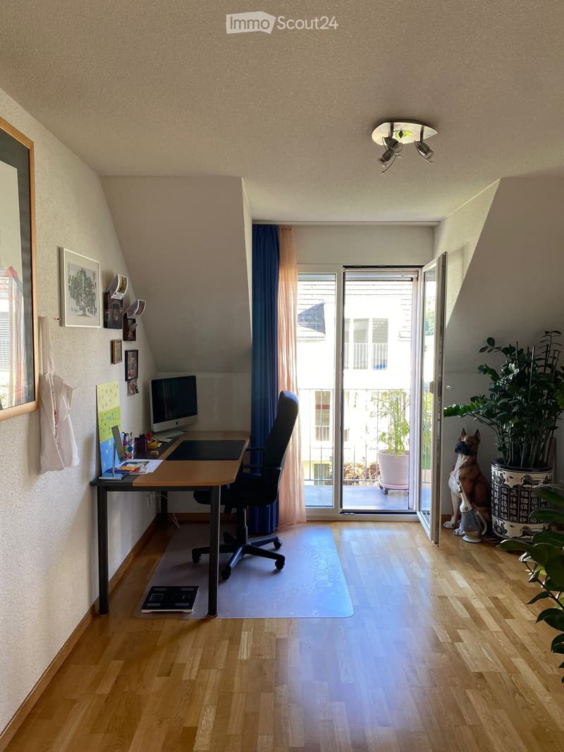 A modern, well-lit room with wooden flooring, a desk setup, a chair, a laptop, a screen, and a large plant near the window. A dog is sitting near the plant.