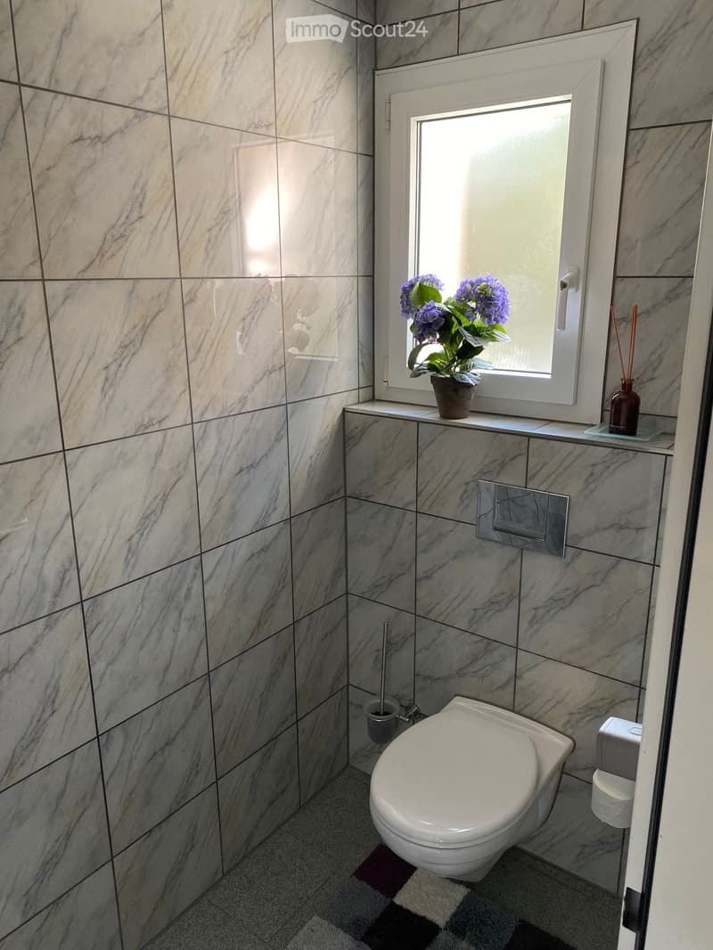 Modern bathroom with marble tiles, white toilet, window with flower pot, and incense holder on the windowsill.