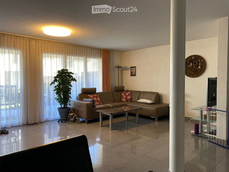 Modern living room with a large sectional sofa, coffee table, floor lamp, potted plant, and glass side table.