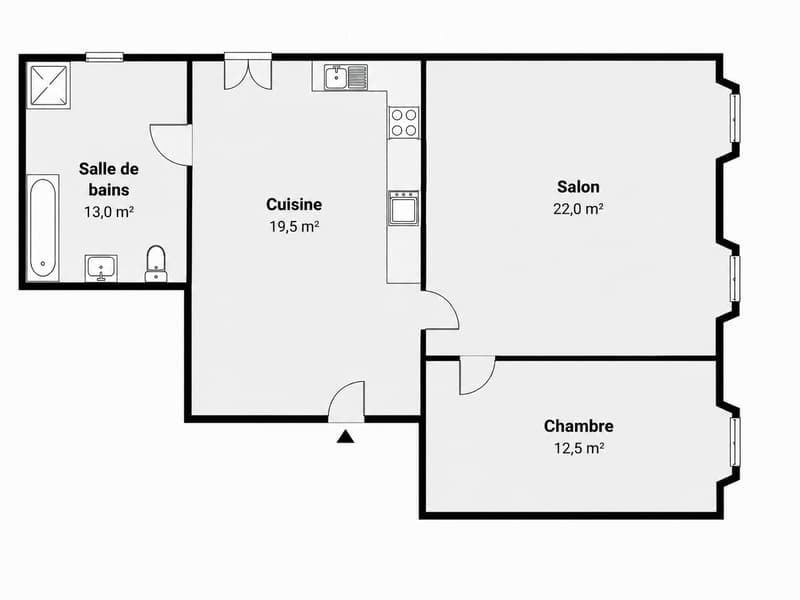 Layout of a 4-room apartment including a living room (Salon), kitchen (Cuisine), bedroom (Chambre), and bathroom (Salle de bains).
