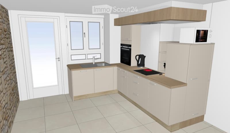 Compact kitchen with light-colored cabinets, wooden countertops, sink, oven, microwave, electric stove, and kettle.