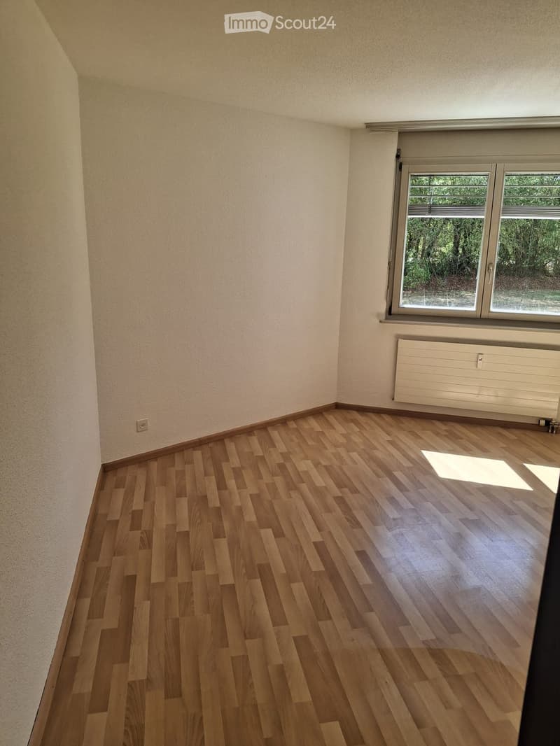 Empty room with wooden flooring, white walls, and a large window with blinds. A radiator is visible below the window.