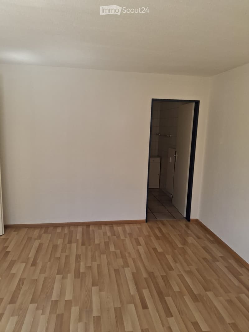 Empty room with light-colored walls and wooden flooring, featuring an open doorway leading to another room.