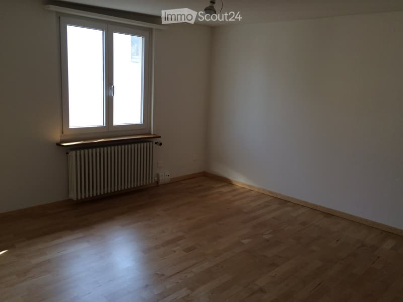Empty room with wooden flooring, white walls, and a radiator beneath a large window with double glass panels.