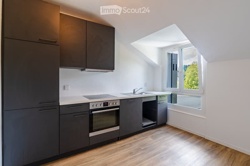 Modern kitchen with dark grey cabinets, stainless steel oven, sink, and faucet, wooden flooring, and large windows with a view of greenery.