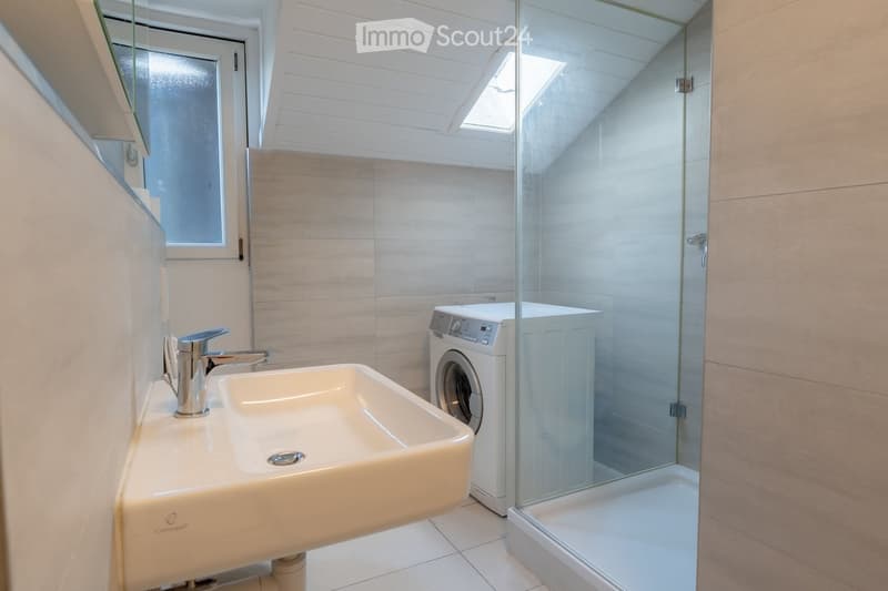 Modern bathroom with a white sink, chrome faucet, a washing machine, and a glass-enclosed shower. The room features light-colored tiles and a skylight window.